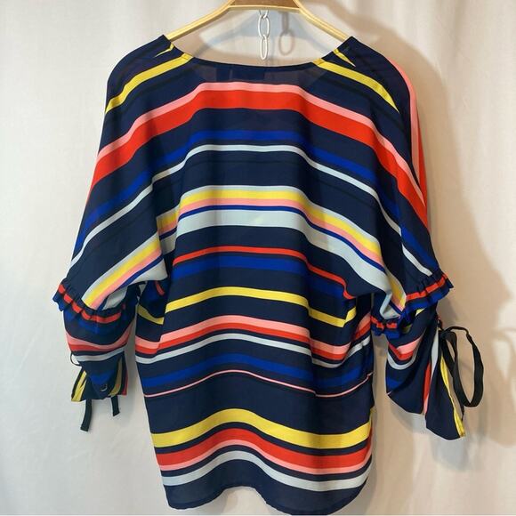 Halogen Rainbow Striped Lightweight Dark Blue 3/4 Tie Sleeves V-Neck Blouse Top - Picture 6 of 7